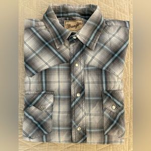 Wrangler Vintage Short Sleeve Check Print Pearl Snap Chores Shirt in Gray L